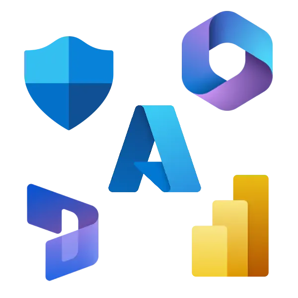 Group of Microsoft product badges floating